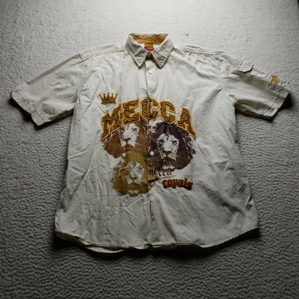 Mecca Shirt Mens Large White Lion Graphic Short Sleeve Button-Up Streetwear